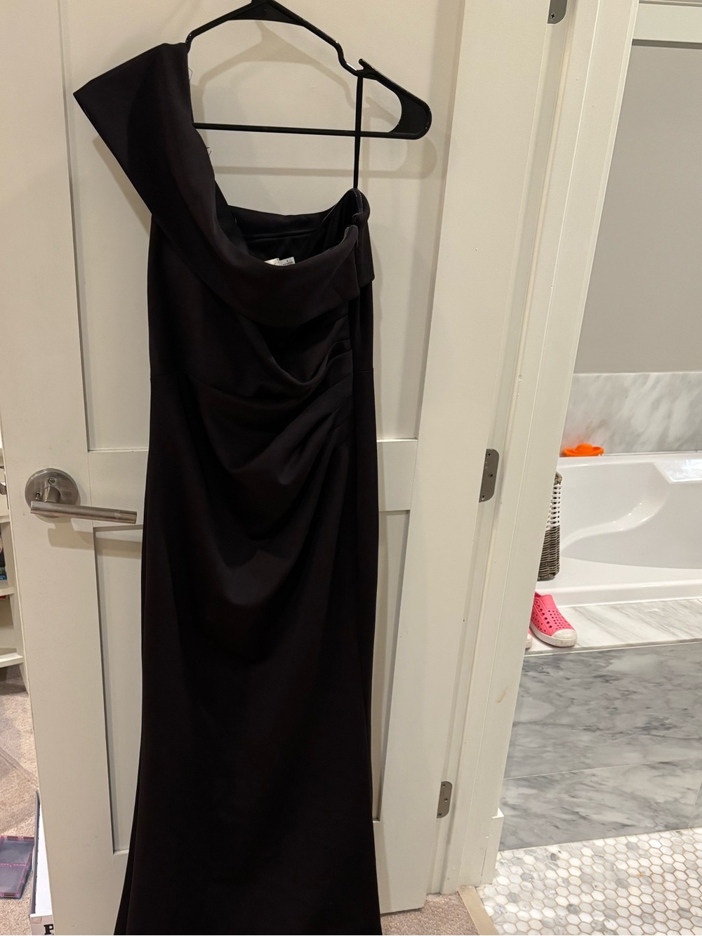 Eliza J Black One-Shoulder Draped Evening Gown